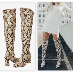 Vince Camuto Dreven Tan Snakeskin Over the Knee OTK Square Toe Boots 6,  6.5 NEW